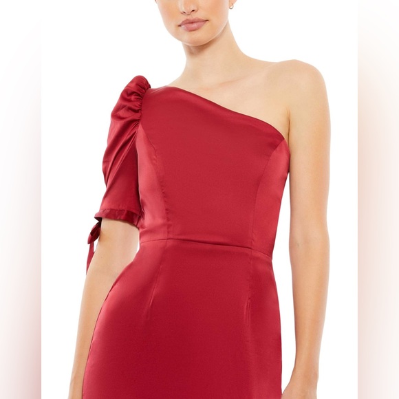 Mac Duggal Satin Asymmetrical One Shoulder Tie Short Puff Sleeve Sheath Gown 6 - Picture 3 of 6